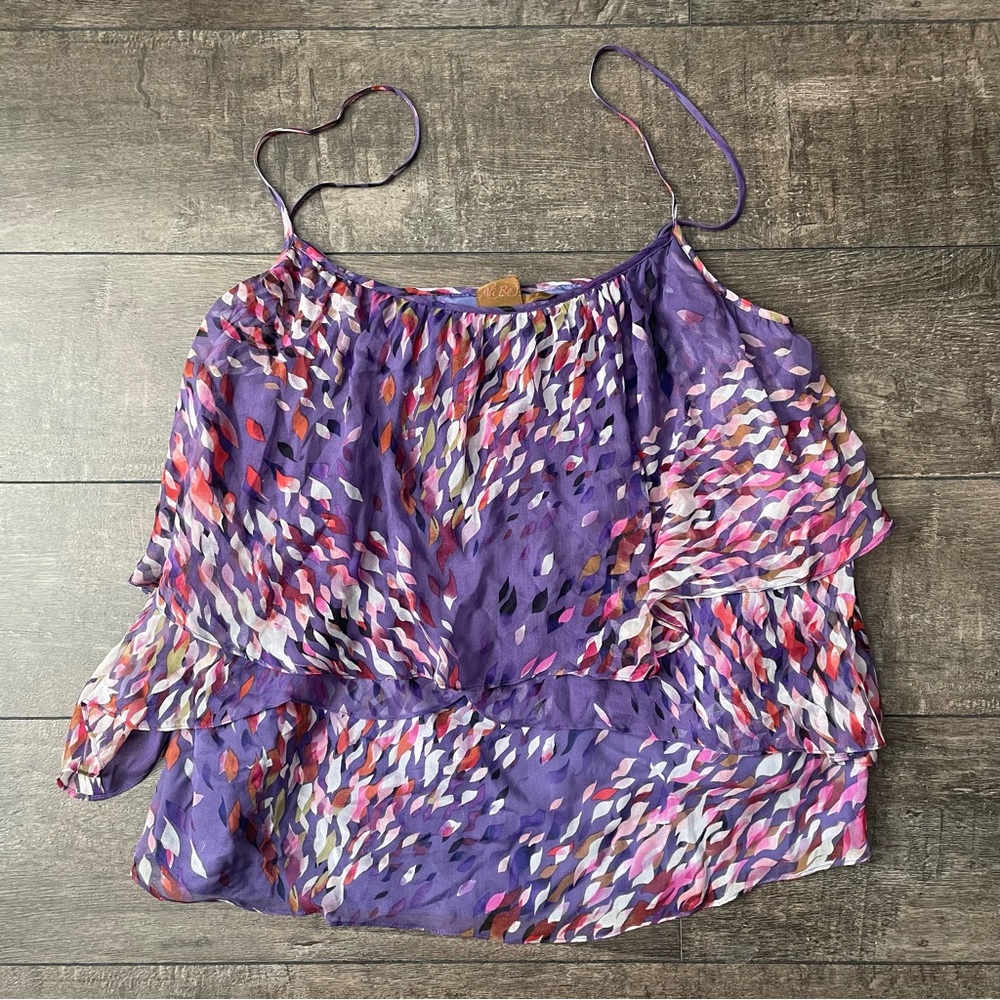 Purple and pink floral silk cami top with ruffle detailing and adjustable straps